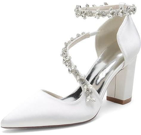 IvoireCh - Zapatos de novia de satén para mujer con tacón de bloque adornado con cristales, tacones gruesos de 3 pulgadas con punta cerrada y puntiaguda para novia, egreso y fiestas de cóctel, Blanco