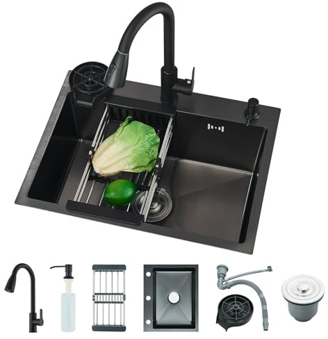 TVTIUO Fregadero de Cocina Multifuncional, Fregadero de Cocina Negro con Lavavasos y Dispensador de Jabón, (60 x 45 cm) con Grifo Extraíble
