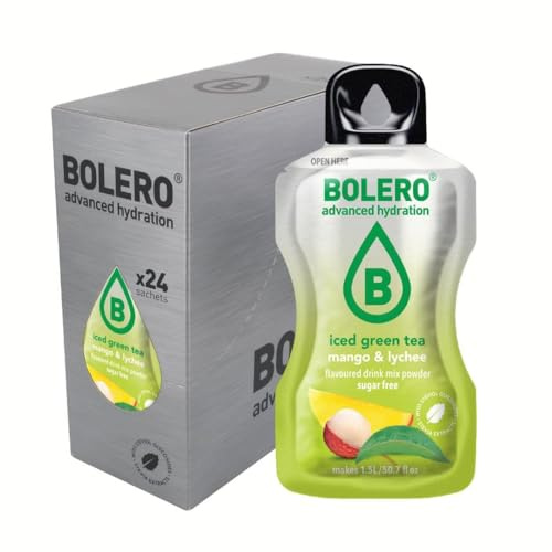 Bolero THÉ VERT GLACÉ MANGUE & LITCHI 24x8g | Poudre pour boisson sans sucre, édulcorée à la stévia + vitamine C | convient aux enfants, aux sportifs et aux diabétiques | sans gluten