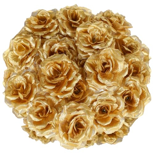 Piriuuo Lot de 25 Roses Artificielles en Or, 8 cm Têtes de Fleurs Artificielles pour le Bricolage, Décoration de Table, Fleurs Artificielles, Roses en Tissu, Fleurs Décoratives en Soie, Roses