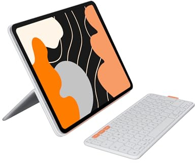 Logitech Flip Folio, Tastatur-Case für iPad Pro 13 Zoll (M4 und M5) und iPad Air 13 Zoll (M2 und M3) (2024, 2025) – Schutzcase mit verstaubarer Bluetooth-Tastatur, Multi-Gerät, DEU QWERTZ – Hellgrau