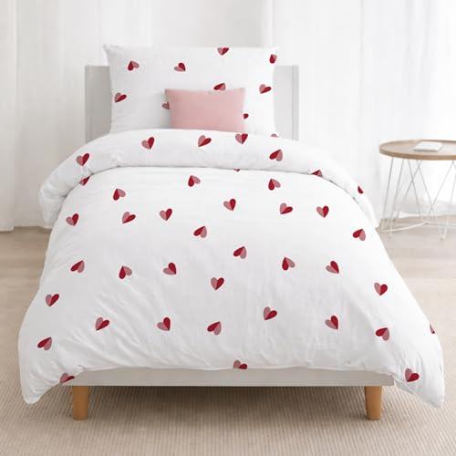 Dreamzie Bettwäsche Set 135x200 cm mit 1 Kissenbezug 80x80 cm – Rot/Rosa Herzmuster – Bettwäsche für Einzelbett aus 100% Mikrofaser – Oeko-Tex Zertifiziert – Ohne Schadstoffe