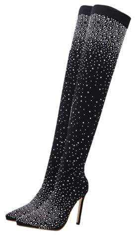 Outanaya Botas de Mujer Negras Tacón Diseño Puntiagudo con Brillantes de Imitación Elegantes para Fiestas y Club Cómodas y Chic Talla