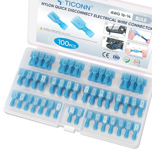 TICONN 100 Pcs Nylon Spade Quick Disconnect Connectors Kit, Electrical Insulated Terminals, Male and Female Spade Wire Crimp Terminal Assortment Kit (Blue AWG 16-14)