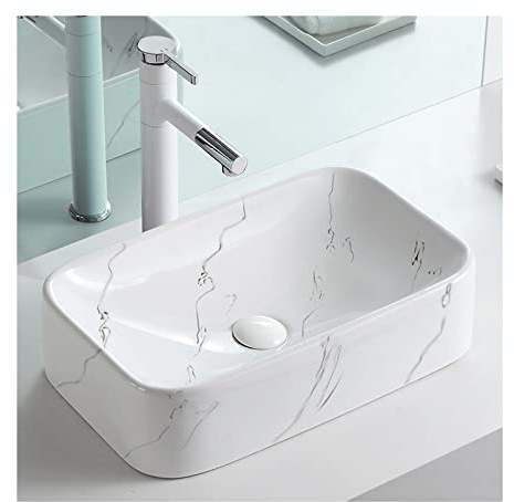 Encimera para Lavabo de Baño Lavabo sobre encimera de cerámica blanca, fregadero baño con textura mármol, recipiente Rectangular 18,9 X11,6 for gabinete tocador