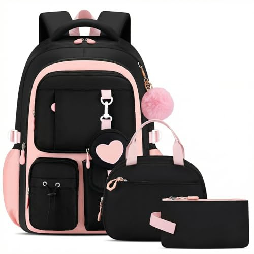 Amythe skolväska flicka set 4 delar 3. - 7. Klass för skola resor, Svartrosa, 30 x 17 x 45 cm, Ryggsäck Ryggsäckar | Skolryggsäck tonåring Kawaii med lunchväska pennfodral gymnasium, 23 l