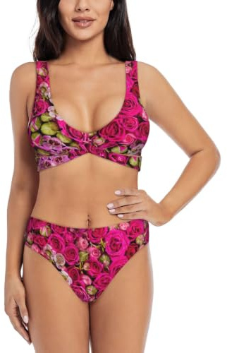 Blivande rosor dam knytbar rygg vadderad högt skuren bikini set tvådelad baddräkt