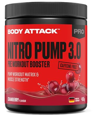 Body Attack Nitro Pump 3.0 Pre Workout Booster Extreme, ohne Koffein, Cranberry 400g