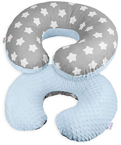 Babymam Nursing Pillow Dimple Breast and Bottle Feeding Cushion Baby/Newborn Washable Removable Cotton Cover Maternity Pregnancy Gifts (Blue/Big White Stars on Grey)