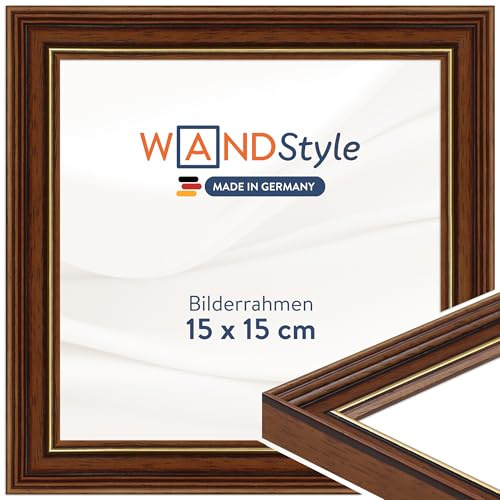 WANDStyle tavelram brun med guldkant 15x15 cm fyrkantig av trä i antik stil med stativ och hängare, Made in Germany - H182