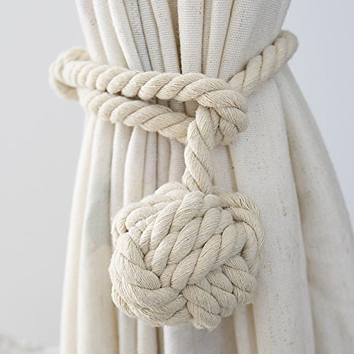 Himtop A Pair of Curtain Rope Tiebacks Hand Knitting Curtain Tie Back with Single Ball Beige for Home Decoration (2PCS)