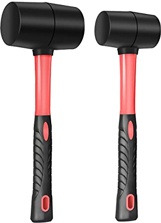 ZUZUAN Fiberglass Handle Rubber Mallet Hammer Set, 8 OZ and 16 OZ, Soft Blow Tasks without Damage, Black with Red, 2 Packs