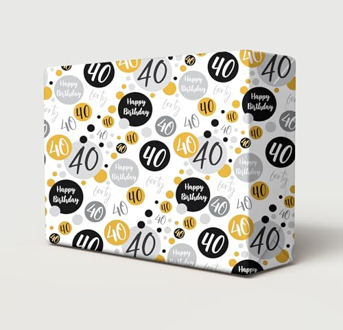 4 hojas + 4 etiquetas de regalo a juego, papel de regalo para 40 cumpleaños, color negro, dorado y plateado, para hombres y mujeres (PA)