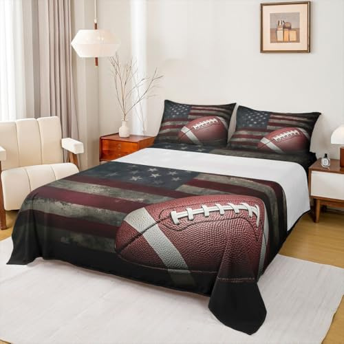 American Flag Bed Sheets, Boys Football Fitted Sheet-Deep Pocket, Soccer Sports Games Sheet Set United States Federations Stars Stripes Flat Sheet For Kids Teens Adult Bedroom Decor(Full Size)