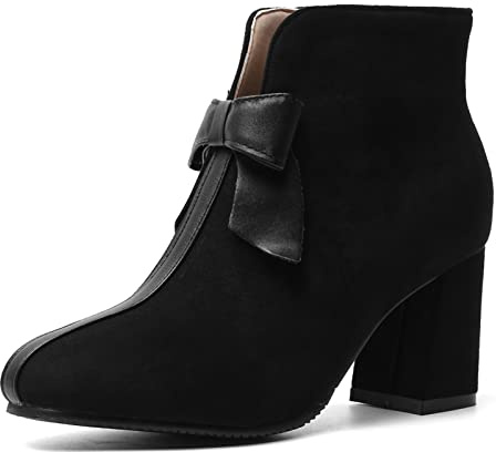 Viéctaa Bottines Chelsea Femme Hiver Talon Carré Low Boots Effet Suède Nœud Bout Rond Chaussures Soirée- Noire Velours Imprimé 44