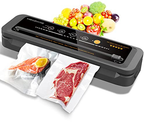 Máquina de vacío megawise| actualizada en 2023| con una potencia de aspiración de 80 kpa| que incluye bolsas y cortadoras (Negro, 4 tipos de Alimentos)