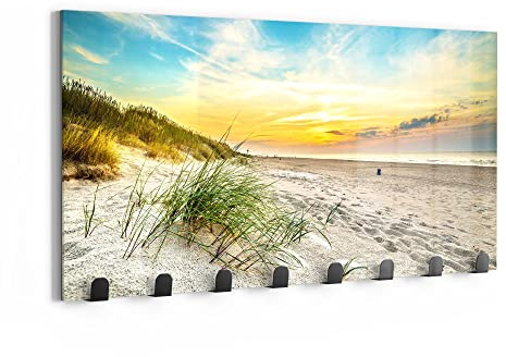 DEQORI Wandgarderobe Glas & Metall | Motiv Baltischer Dünenstrand | 60x30 cm | Design Haken-Leiste modern | Garderoben-Paneel für Flur, Wohnzimmer & Schlafzimmer | magnetisch & beschreibbar