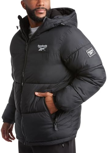 Reebok Men's Puffer Jacket - Heavyweight Quilted Puffer Coat with Wide Hood - Weather Resistant Ski Jacket for Men (M-XXL), Black, X-Large