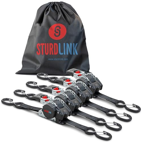 Automatic Ratchet Strap 3m 25mm S-Hook with Latch LC 300daN / 600daN U-Shaped | Automatic Strap Winder | Ideal Attachment Equipment for Trailer Motorcycle Quad Auto | Set of 4 + Bag | EN 12195-2