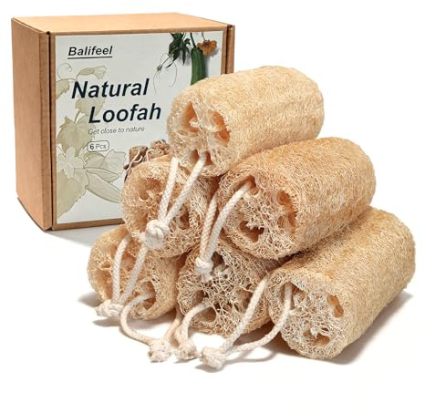 Balifeel Natural Loofah Sponge Organic Loofa Set 6 Pack,Exfoliating Body Scrubber Shower Luffa Men and Women for Bath Cleaning Skin Back and Face Eco Tool