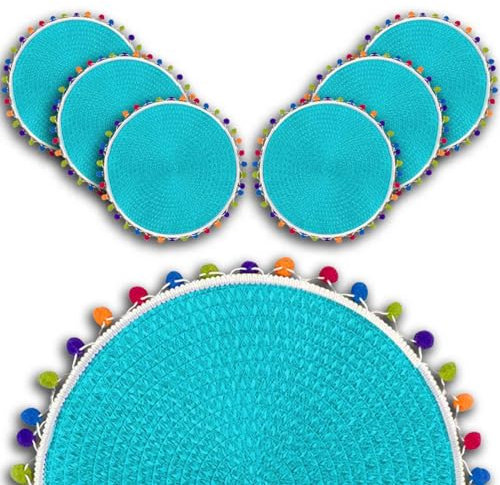 ARCA, Set di 6 Sottopiatti Rotondi, per 6 Persone, Ideali per la Tavola, Resistenti e Duraturi, Realizzati in Poliestere, Colore Azzurro, Diametro 38 cm