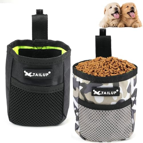 Dog Treat Pouch for Training,2 PCS Treat Bags for Dog Training,600D Oxford Cloth Dog Treat Bags,Hands Free Treat Bags with Waist Belt Clip for Dog Training Walking and Travelling(Black+Camouflage)