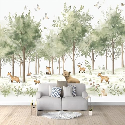 Papier Peint intissé Animaux De Dessin Animé Cerf Ours Renard 350x256 cm Papier Peint Photo Panoramique, Poster Geant Mural Personnalisé 3D, pour Salon Cuisines Chambre Adulte Enfant Décor Murale