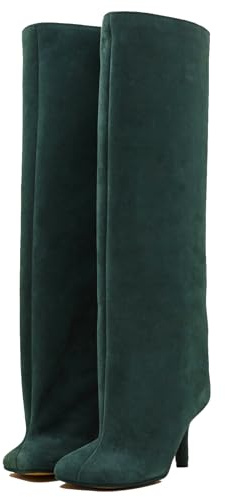 VOZTOLLS Knee High Boots Square Toe Suede Kitten Heel Tall Boots for Women Fashion Dress Fall Womens Long Boots Green Size 8.5