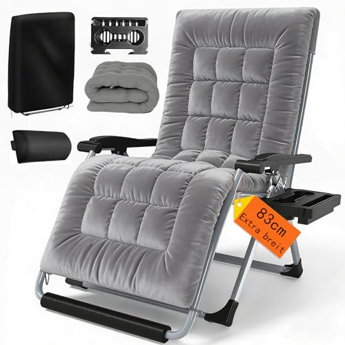 Hengriacly Liegestuhl Klappbar Sonnenliege mit Abdeckung, Gartenliege Relaxliege für Mittagspause Belastbar 240kg Verstellbar RüCkenlehne Gartenstuhl Ergonomisch und Atmungsaktiv (Silbrig)