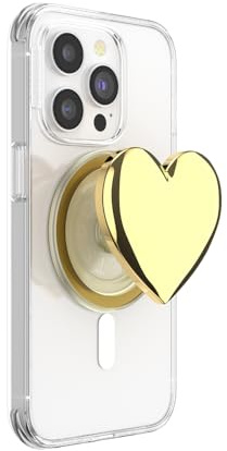 PopSockets Telefongrepp för MagSafe med stativ, magnetiskt stativ, utbytbar topp, säkert grepp för iPhone MagSafe-fodral, telefon och surfplatta-grepp – emaljhjärta av guld