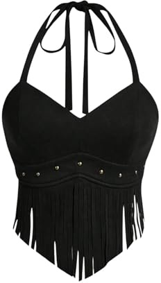 GORGLITTER Women's Asymmetrical Halter Tie Top Tassel Fringed Vintage Slim Fit Cowgirl Outfit Cropped Tops Black X-Small