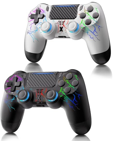 RUIZHI LED Controller für PS4 - Wireless Controller für Playstation 4 kompatibel mit Pro/Slim/PC, 1000mAh, mit Turbo/Dual Vibration/6-Achsen Gyro Sensor/Touchpanel, USB-C [2 Pack, Schwarz + weiß]