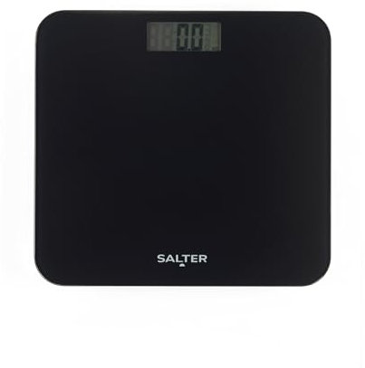 Salter Balance numérique de salle de bain – Pèse-personne sans piles, Plateforme en verre trempé, Mise en marche par pression, Capacité de 180 kg, Aucune pile requise, Écran LCD, Noir