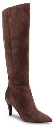 Coutgo Womens Wide Calf Knee High Boots Stiletto High Heel Pointed Toe Side Zipper Suede Long Boots Winter Shoes, Coffee, Size 7.5