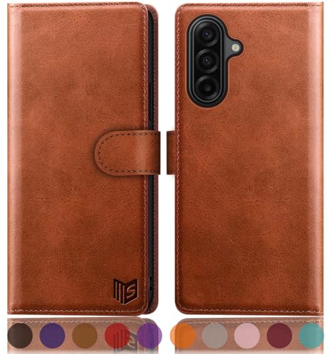 SUANPOT compatible with Samsung Galaxy A17 case with [RFID Blocking][Credit Card Holder],PU Leather Flip Book Protective Cover Women Men for Samsung A17 Phone case Light Brown