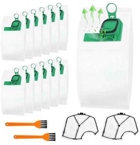 12 bolsas para aspiradora Folletto VK140 VK150 FP140 con 2 filtros de motor, 2 cepillos limpios, Bolsas para aspiradora Kobold VK140 VK150, bolsas de aspiradora para Kobold VK 140 y VK 150