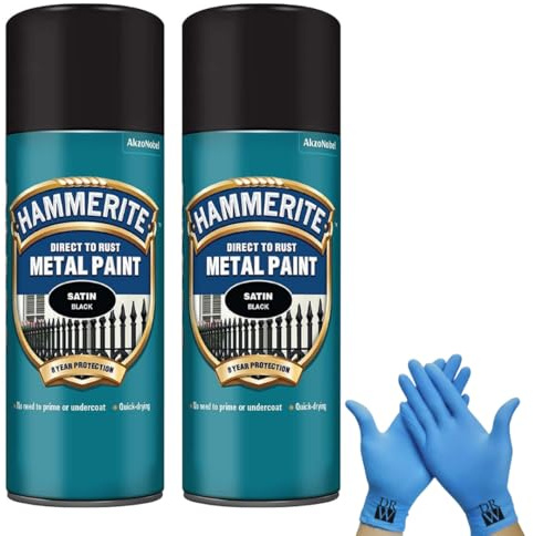 Hammerite Direct to Rust Metal Spray Paint Satin Black 400ml Twin Pack + Free Nitrile Gloves | Fast-Drying Aerosol, Durable Rust Protection for Indoor & Outdoor Metal