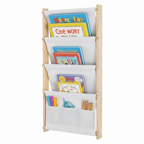 4-Tier Wall Mounted Kids Bookshelf,Wood Book Shelf Display Rack with 2 Bottom Pockets,Floating Book Shelf for Kids Rooms,Classroom,Nursery,Hanging Bookcase Organizer for Toys and Books,Natural Color