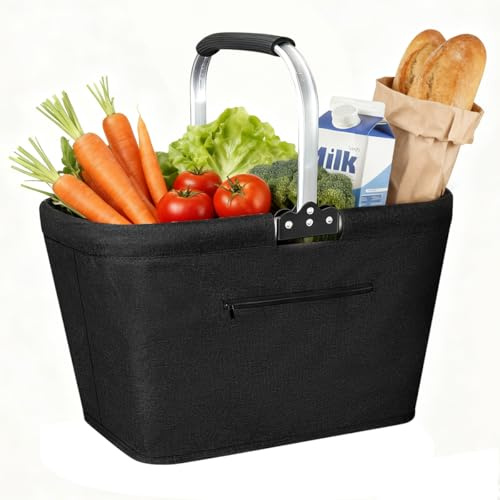Faltbar Einkaufskorb, 25L Picknickkorb Tragekorb Groß Familie Einkaufstasche Praktischer Einkaufen Korb mit Gepolsterten Griffen - ideal für Reisen, Picknick, Einkaufen, Geschenke (Schwarz)
