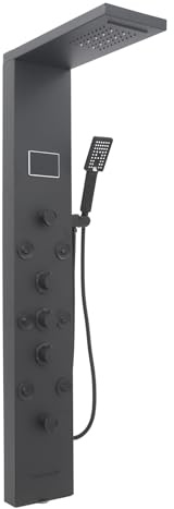 Pannello doccia a LED 6 in 1, pannello doccia in acciaio inox 304, pannello doccia intelligente con indicatore LED, 8 doccia massaggiante, doccetta, beccuccio per vasca (nero)