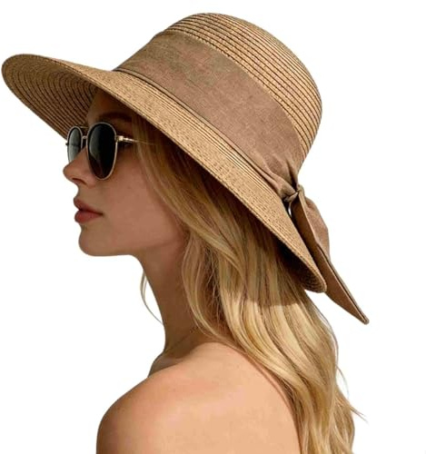 Seven-Flower Sun Hats for Women, Straw Hat Women Wide Brim UPF 50+ Packable Sun Hat, Floppy Bowknot Summer Hats for Women Beach Vacation Travel with Chin Strap