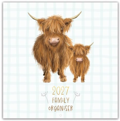 2027 Family Calendar Organiser Wall Planner 30 x 30cm – Month to View 4 Person Family Organiser with Memorable Dates Column, Notes Section & Hanging Hook - Floral or Cow Designs (Highland Cow Design)