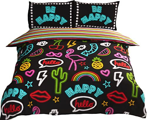 Rapport Funky Neon Wende-Bettwäsche-Set, gestreift, Polycotton, Schwarz, Einzelbett
