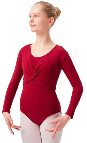 tanzmuster ® Kinder Ballett Langarm Top - Mia - mit Twist (Wickeloptik) - aus sehr weichem und festem Baumwollstoff - in burgunder, Größe:140/146