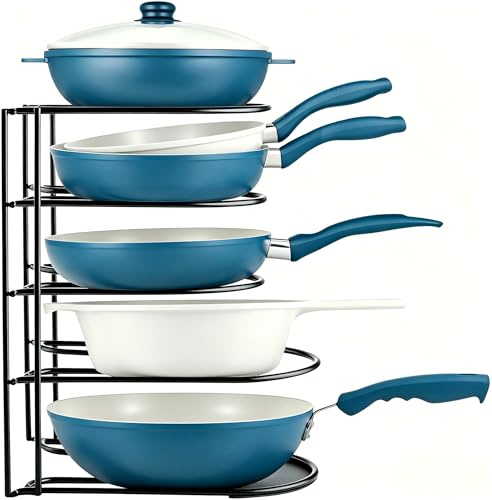 Robusto organizer per pentole a 5 ripiani per padelle in ghisa, piano cottura e pentole poco profonde, struttura in acciaio resistente, salvaspazio, non richiede montaggio