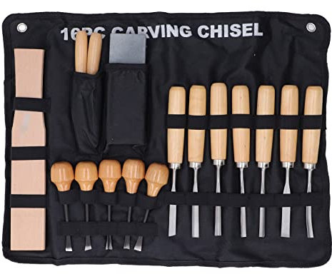 Tissting Juego de Herramientas para Tallar Madera de 16 Piezas Kit de Cincel para Trabajar La Madera con Piedra de Afilar Mazo Lima Cinceles Gubias para Cuchillos de Torneado de Carpintería Tallas
