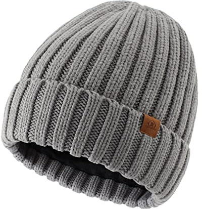 Home Prefer Men's Winter Hats Warm Beanie Cap Cold Weather Beanie Hat with Lining Light Grey