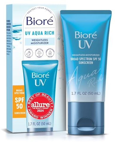 Biore UV Aqua Rich Daily Hydrating Facial Moisturizer with SPF 50 | Oil Free Sunscreen & Primer for Makeup with Hyaluronic Acid, No White Cast, Non-Comedogenic, For Sensitive Skin, PA++++, 1.7 Oz
