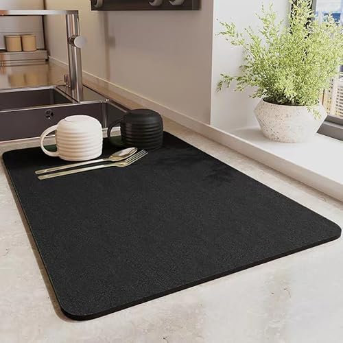 YQBFTC Draining Board Mats,16x12 Dish Drying Mat for Kitchen Hide Stain Water Absorbent Drying Mat with Non-slip Rubber Backed,Quick Drying Mat for Kitchen Counter Sink Coffee Machine Dish Mat Black