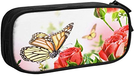 FJAUOQ Red Rose Butterfly Pencil Case Compartments Pen Pouch Box Multifunctional Makeup Bag Holder Large Storage Stationery Organizer with Zipper for Office Travel